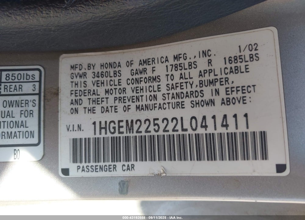 2002 HONDA CIVIC LX VIN: 1HGEM22522L041411