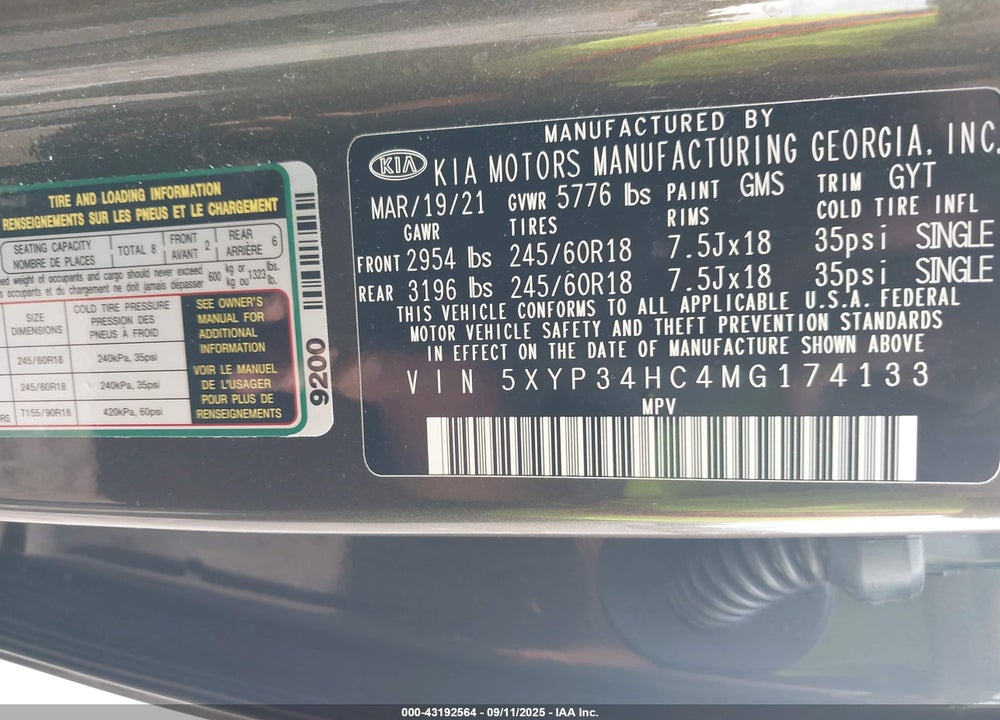 2021 KIA TELLURIDE VIN: 5XYP34HC4MG174133