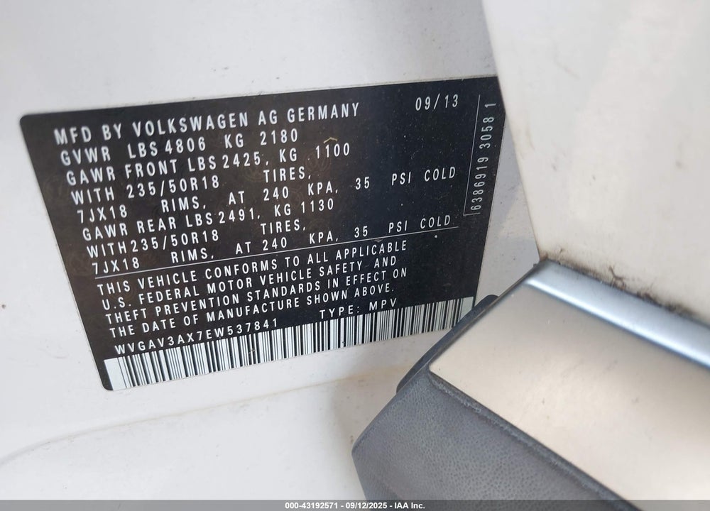 2014 VOLKSWAGEN TIGUAN SE VIN: WVGAV3AX7EW537841
