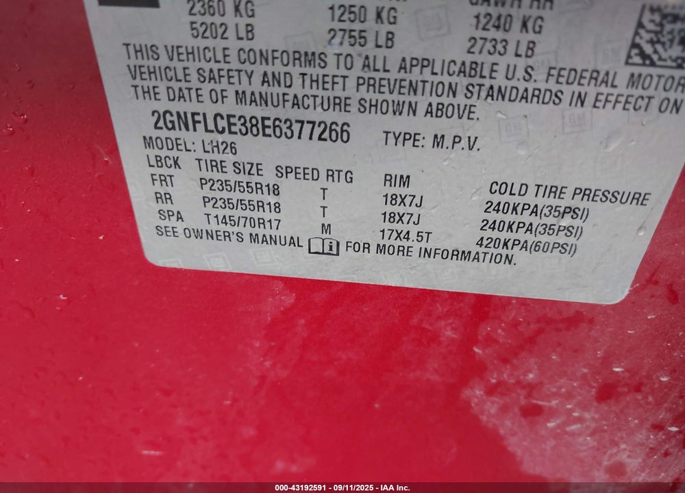 2014 CHEVROLET EQUINOX VIN: 2GNFLCE38E6377266