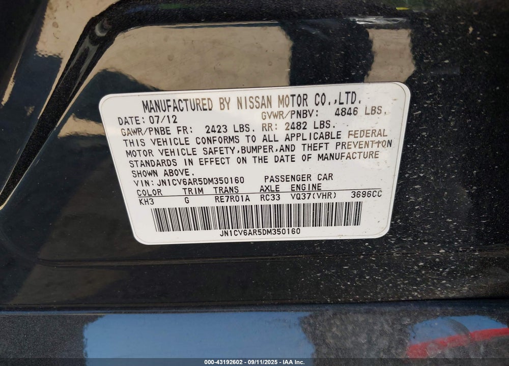 2013 INFINITI G37 VIN: JN1CV6AR5DM350160