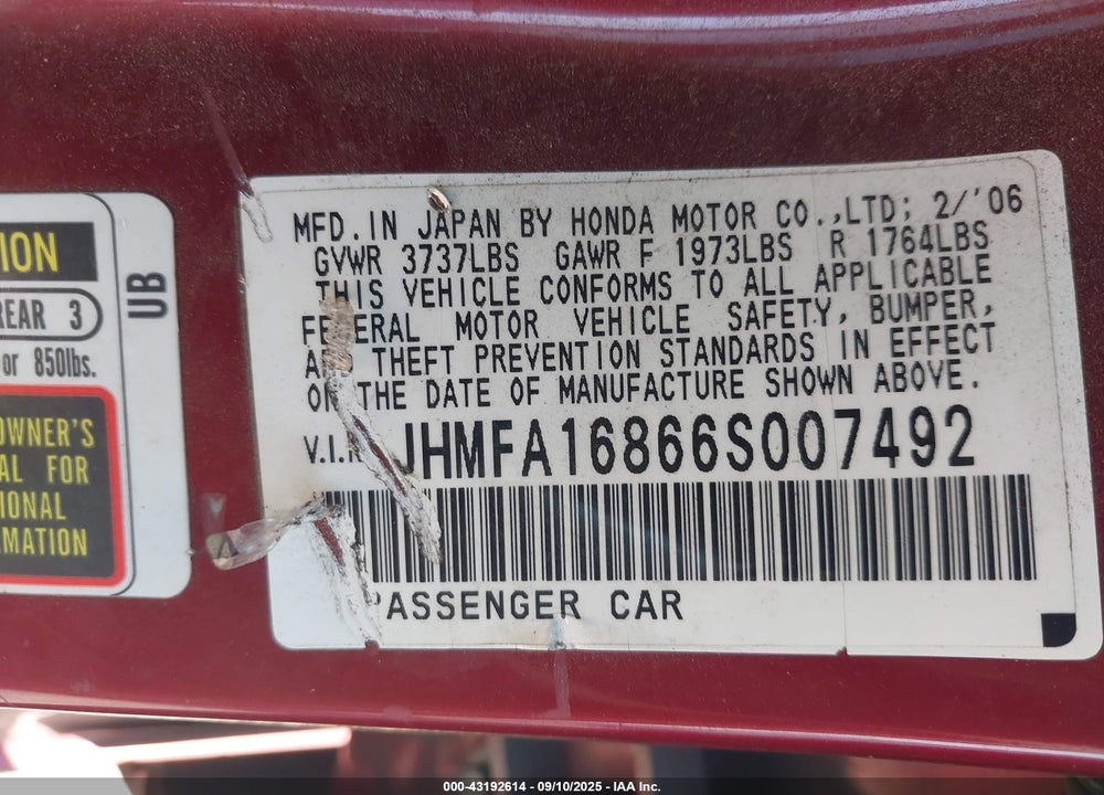 2006 HONDA CIVIC EX VIN: JHMFA16866S007492