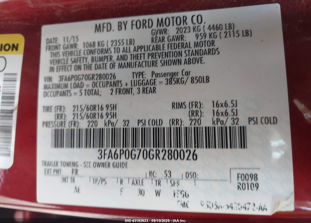 2016 FORD FUSION S VIN: 3FA6P0G70GR280026