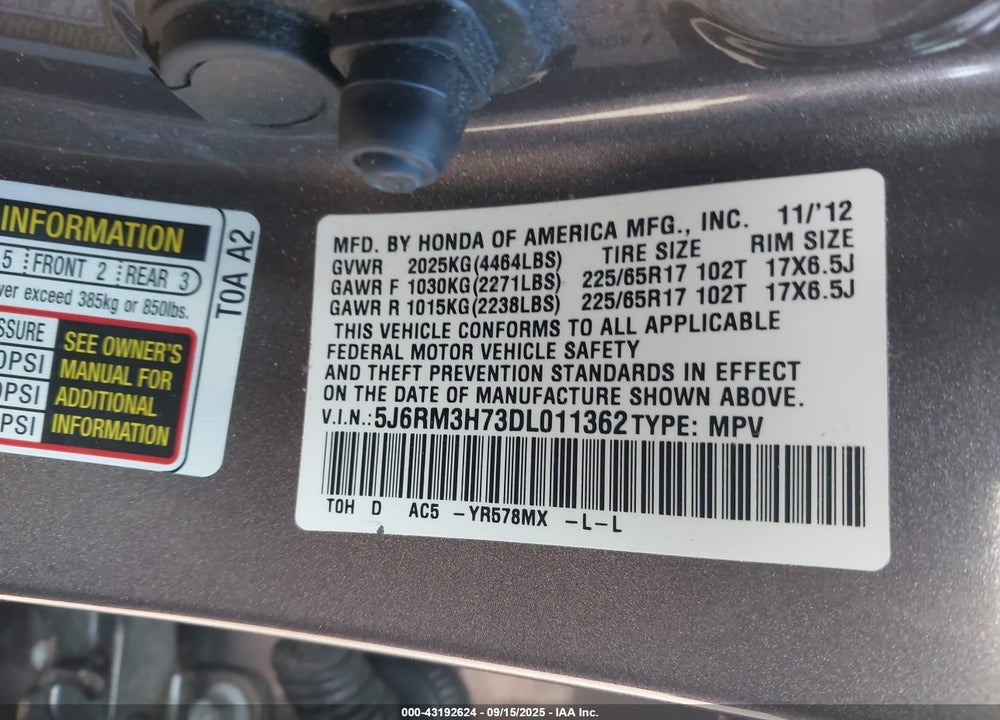 2013 HONDA CR-V VIN: 5J6RM3H73DL011362