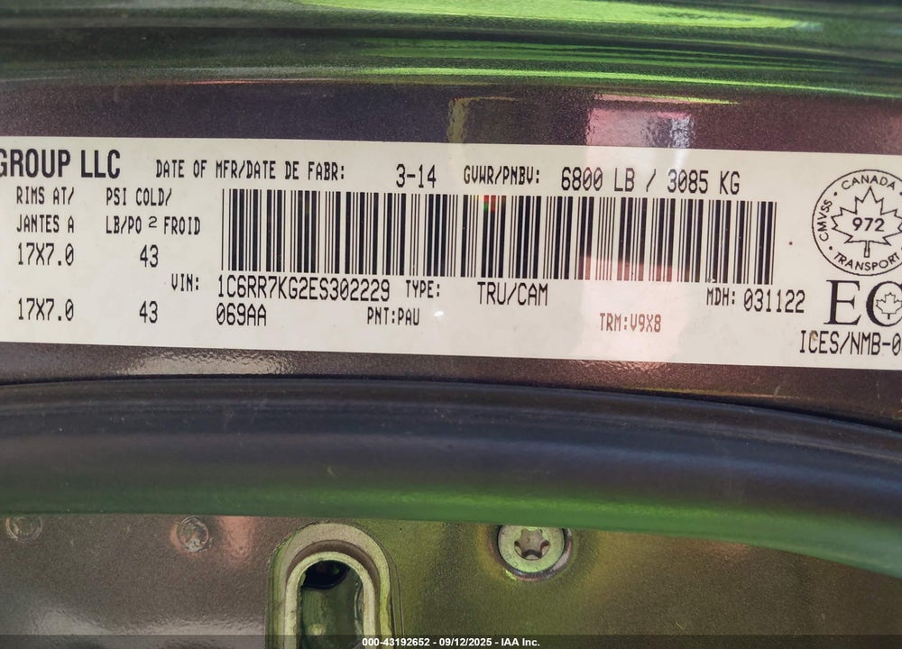 2014 RAM 1500 VIN: 1C6RR7KG2ES302229