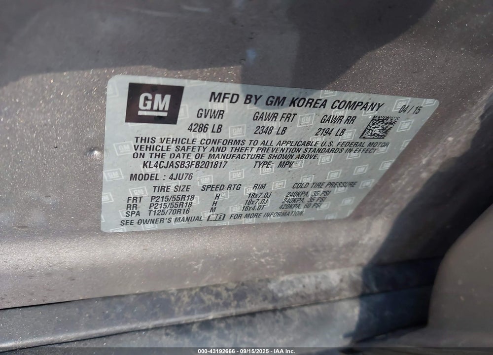 2015 BUICK ENCORE VIN: KL4CJASB3FB201817