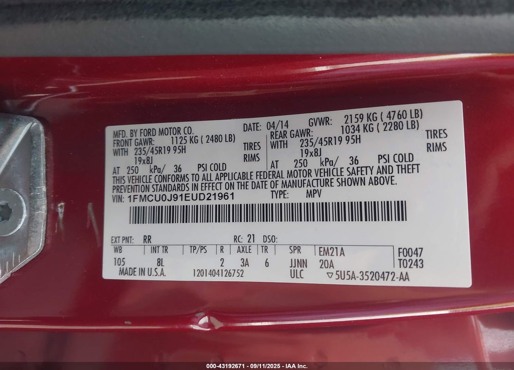 2014 FORD ESCAPE VIN: 1FMCU0J91EUD21961
