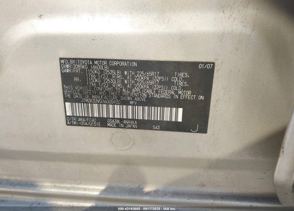 2007 TOYOTA RAV4 BASE V6 VIN: JTMZK33V076005930
