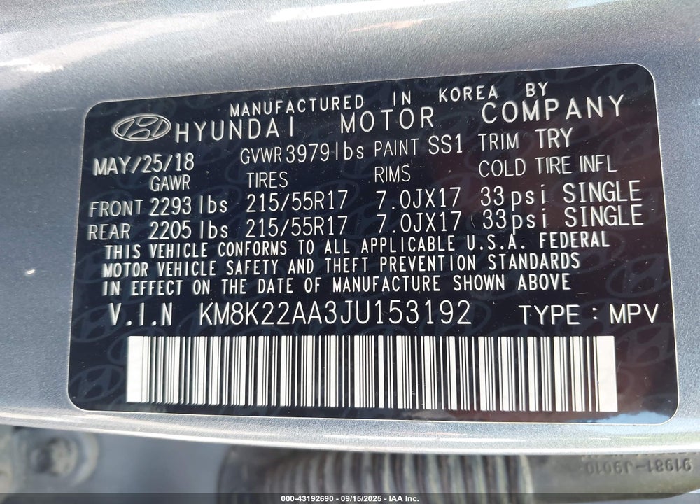 2018 HYUNDAI KONA VIN: KM8K22AA3JU153192