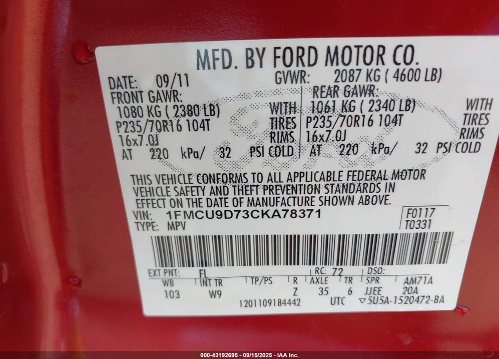 2012 FORD ESCAPE VIN: 1FMCU9D73CKA78371