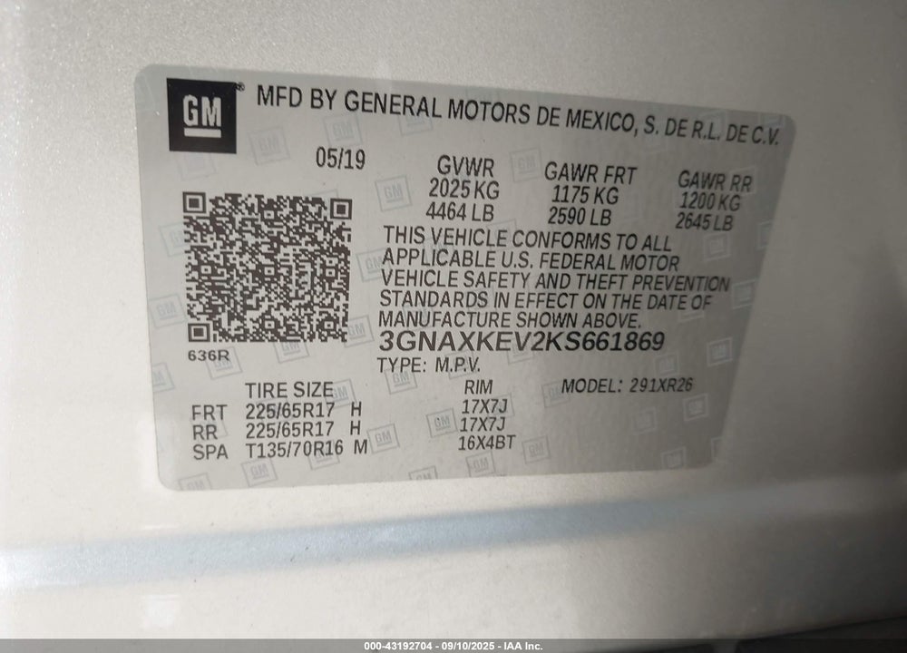 2019 CHEVROLET EQUINOX VIN: 3GNAXKEV2KS661869
