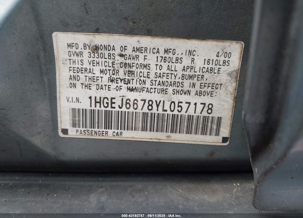 2000 HONDA CIVIC LX VIN: 1HGEJ6678YL057178