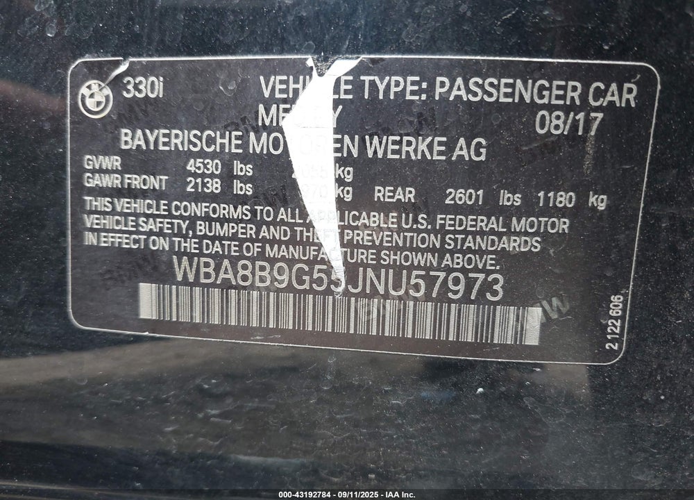 2018 BMW 330I VIN: WBA8B9G55JNU57973