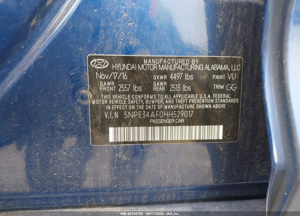 2017 HYUNDAI SONATA VIN: 5NPE34AF0HH529017