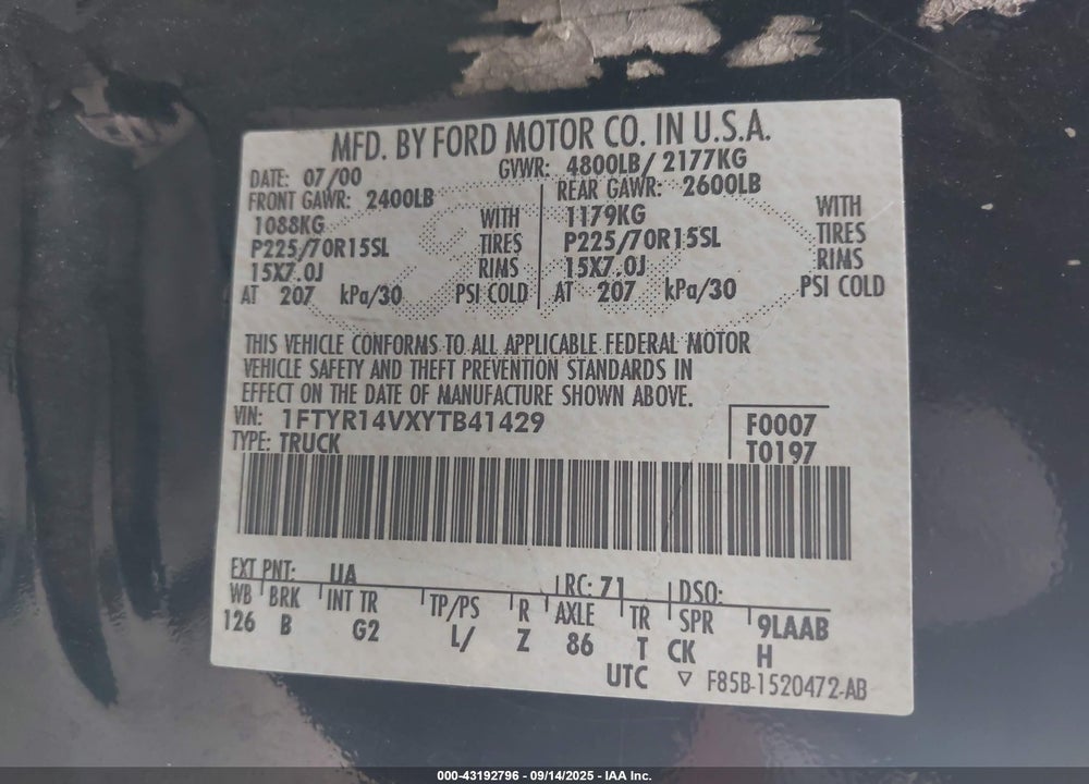 2000 FORD RANGER XL/XLT VIN: 1FTYR14VXYTB41429