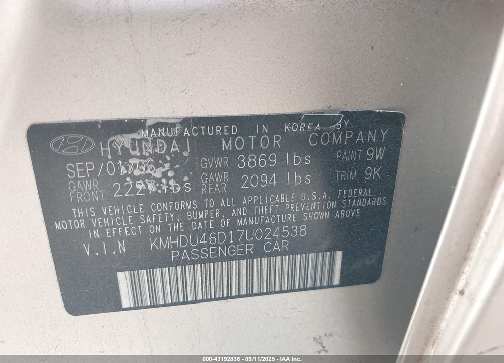 2007 HYUNDAI ELANTRA GLS/LIMITED/SE VIN: KMHDU46D17U024538