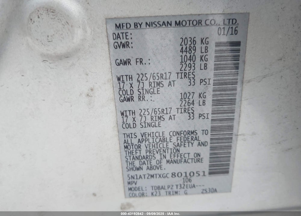 2016 NISSAN ROGUE S/SL/SV VIN: 5N1AT2MTXGC801051
