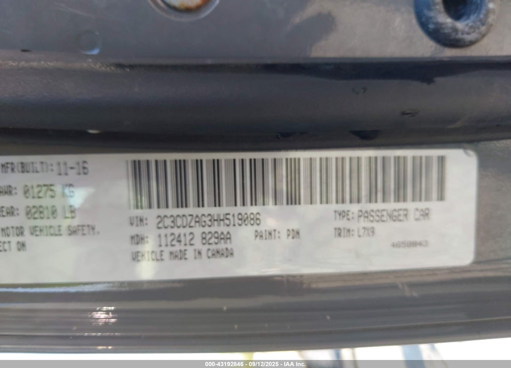 2017 DODGE CHALLENGER VIN: 2C3CDZAG3HH519086