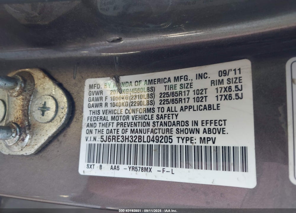 2011 HONDA CR-V VIN: 5J6RE3H32BL049205