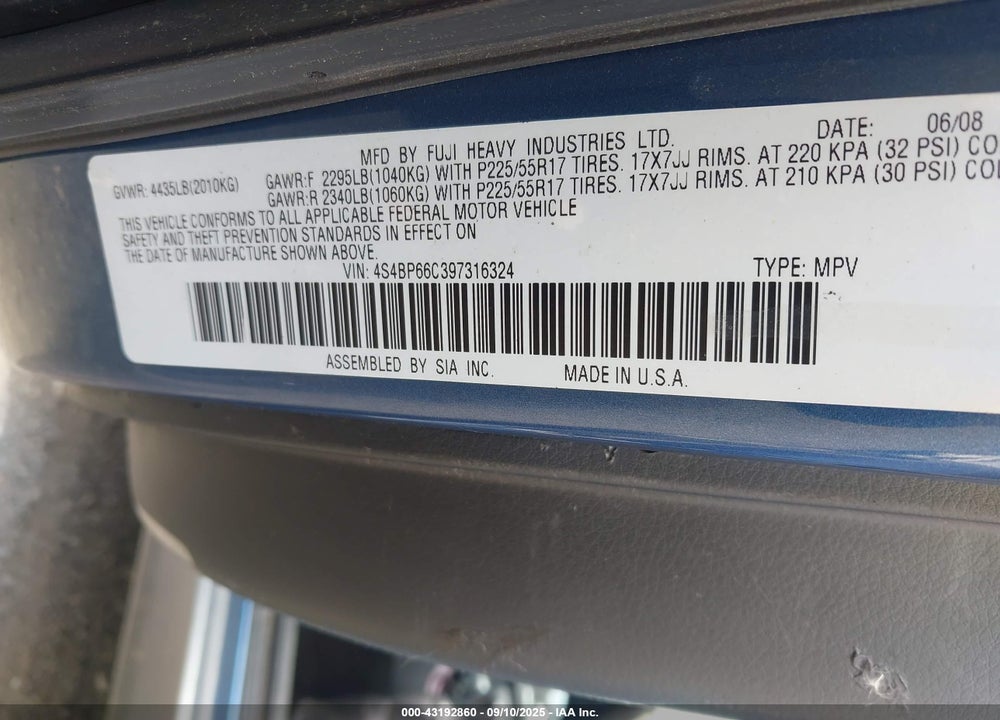 2009 SUBARU OUTBACK VIN: 4S4BP66C397316324