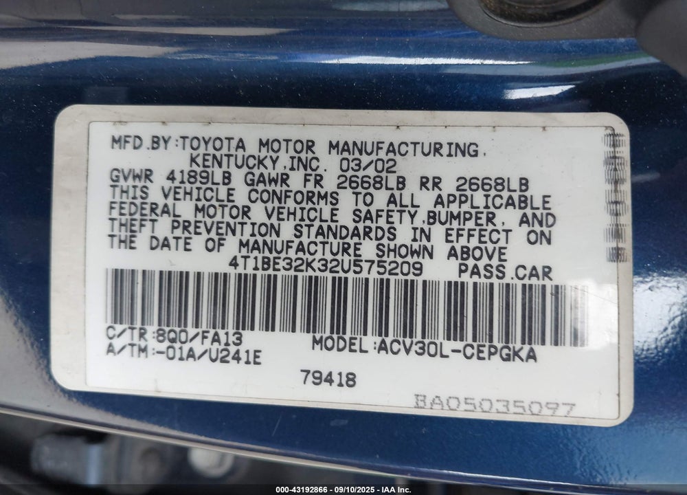 2002 TOYOTA CAMRY XLE VIN: 4T1BE32K32U575209