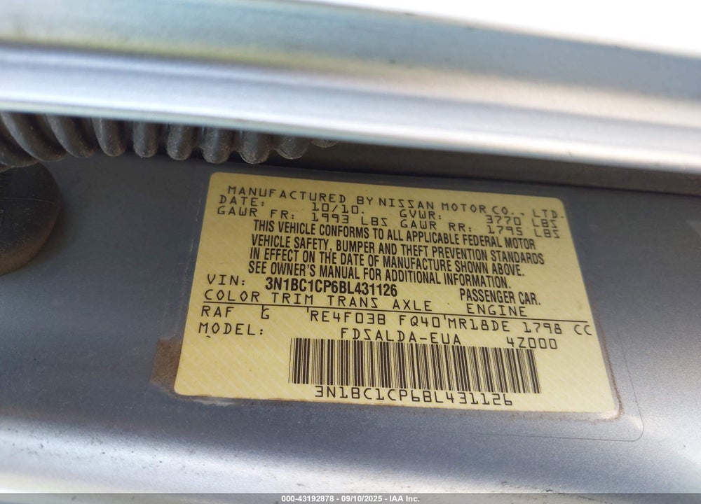 2011 NISSAN VERSA VIN: 3N1BC1CP6BL431126