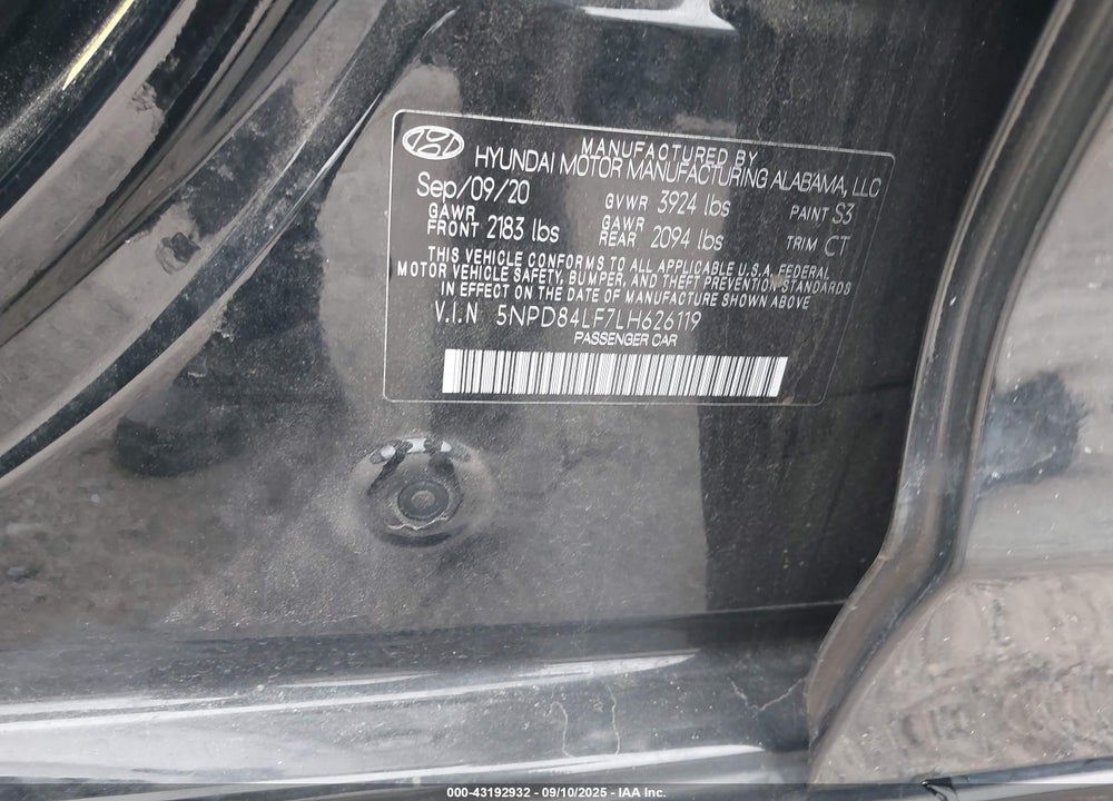 2020 HYUNDAI ELANTRA VIN: 5NPD84LF7LH626119