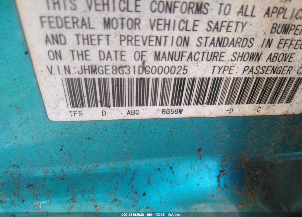 2013 HONDA FIT VIN: JHMGE8G31DC000025