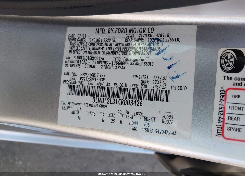 2012 LINCOLN MKZ VIN: 3LNDL2L31CR803426