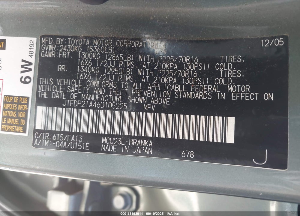 2006 TOYOTA HIGHLANDER V6 VIN: JTEDP21A460105225