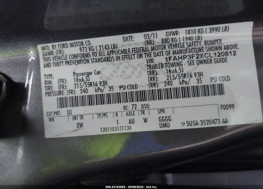 2012 FORD FOCUS VIN: 1FAHP3F2XCL120812