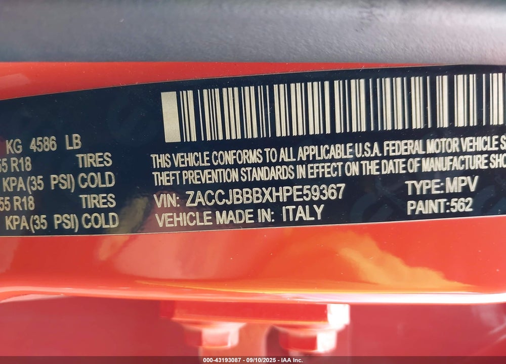 2017 JEEP RENEGADE VIN: ZACCJBBBXHPE59367