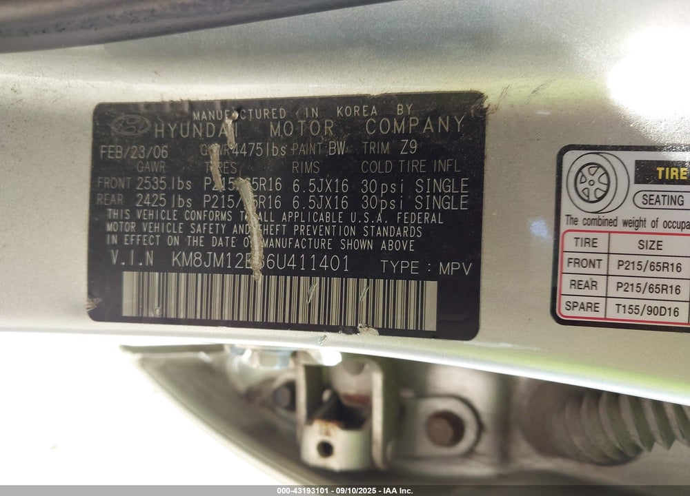 2006 HYUNDAI TUCSON VIN: KM8JM12B86U411401