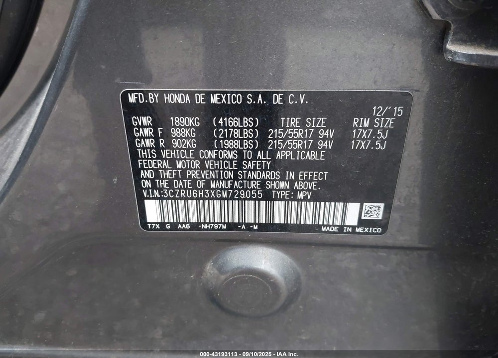 2016 HONDA HR-V LX VIN: 3CZRU6H3XGM729055