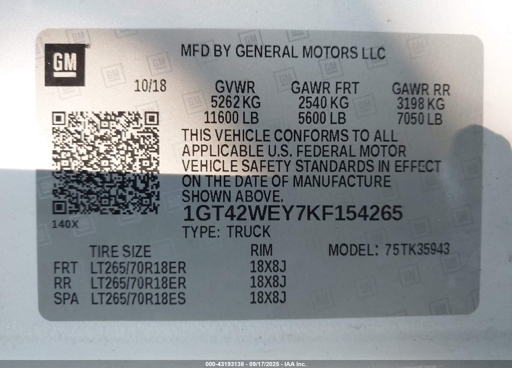 2019 GMC SIERRA 3500HD DENALI VIN: 1GT42WEY7KF154265