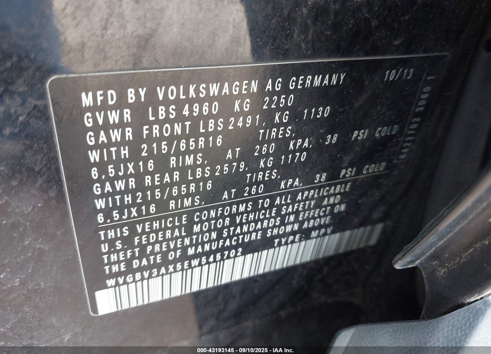 2014 VOLKSWAGEN TIGUAN VIN: WVGBV3AX5EW545702
