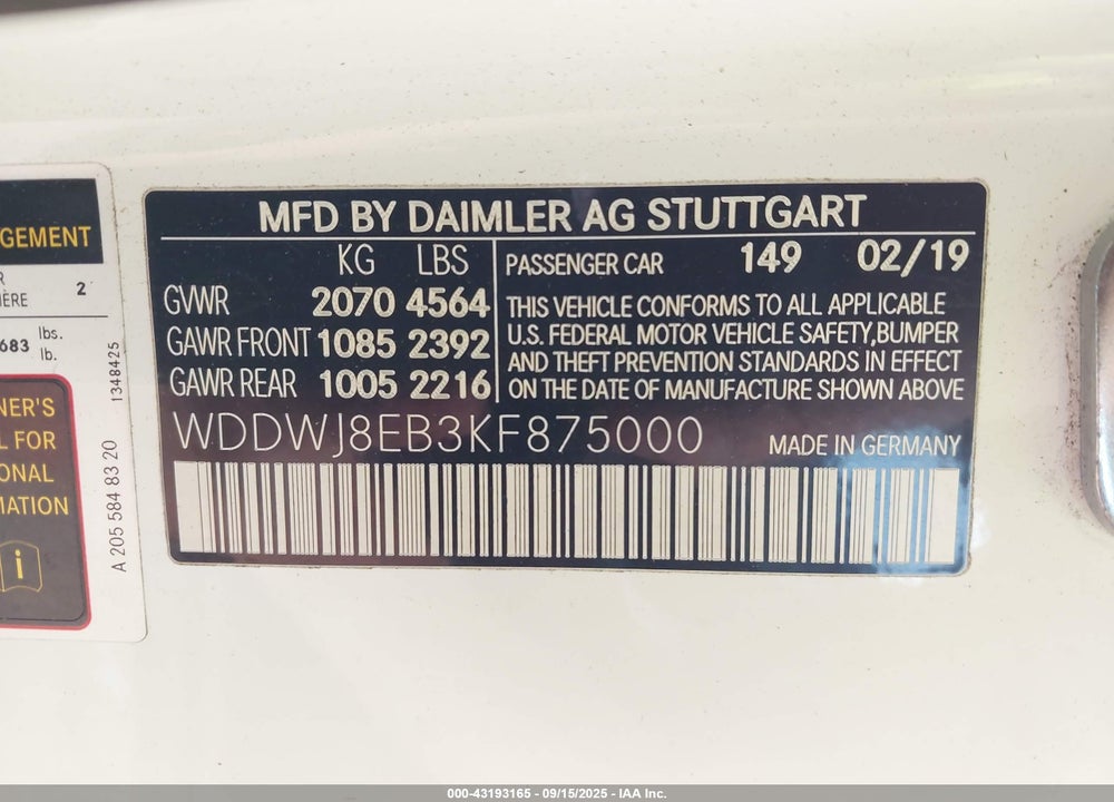 2019 MERCEDES-BENZ C 300 4MATIC VIN: WDDWJ8EB3KF875000
