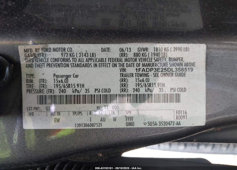 2013 FORD FOCUS VIN: 1FADP3E25DL358519