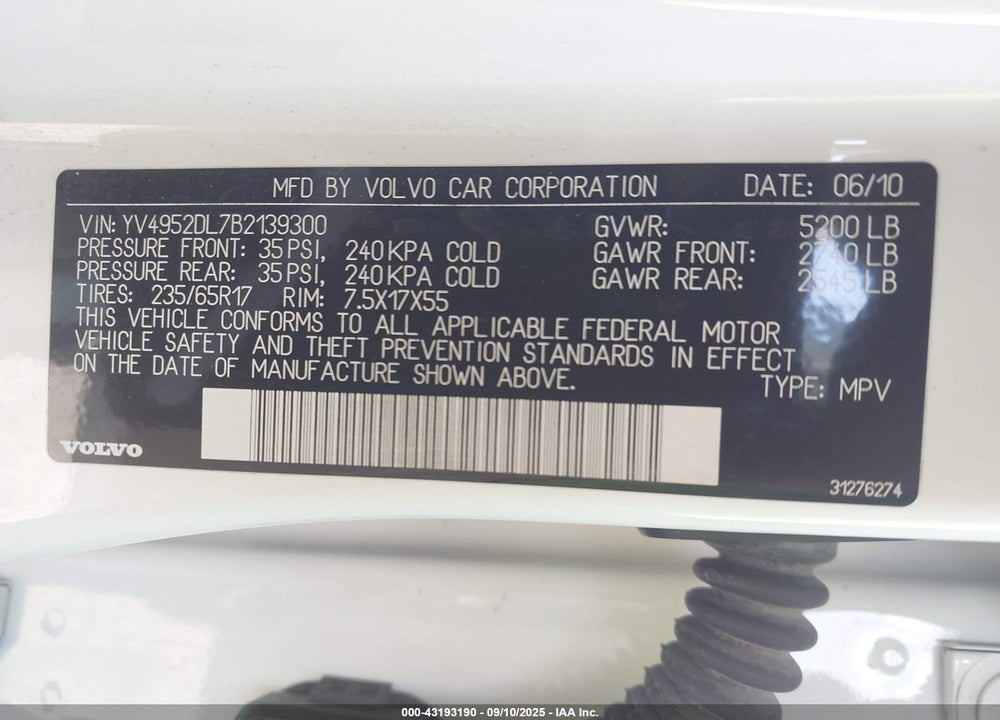 2011 VOLVO XC60 VIN: YV4952DL7B2139300