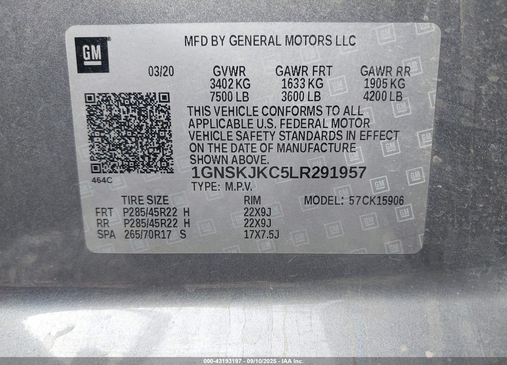 2020 CHEVROLET SUBURBAN VIN: 1GNSKJKC5LR291957