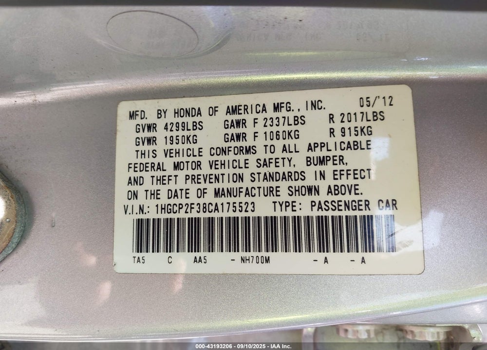 2012 HONDA ACCORD 2.4 LX VIN: 1HGCP2F38CA175523
