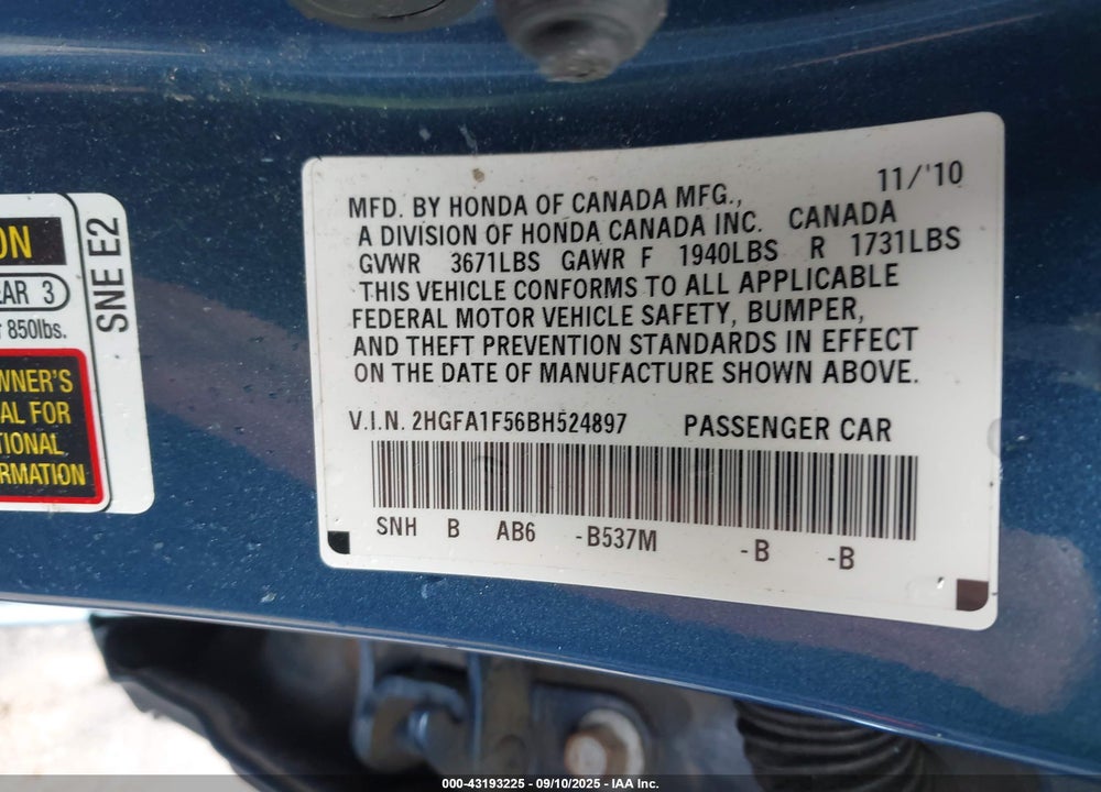 2011 HONDA CIVIC VIN: 2HGFA1F56BH524897