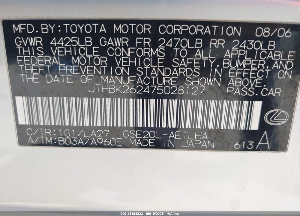 2007 LEXUS IS 250 VIN: JTHBK262475028127