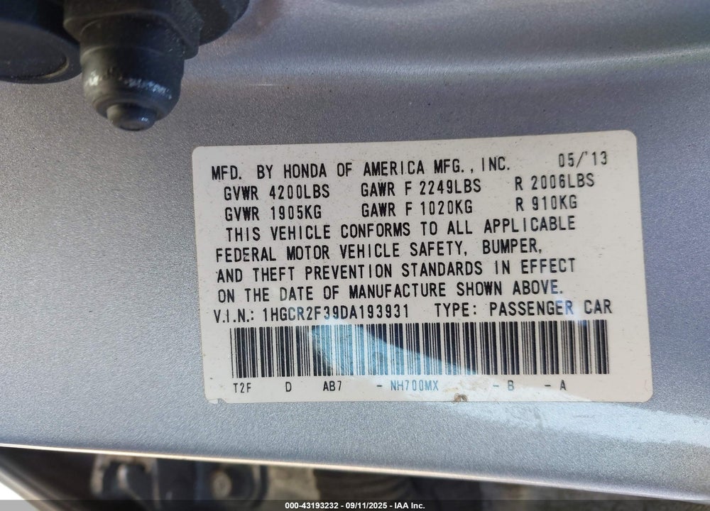 2013 HONDA ACCORD LX VIN: 1HGCR2F39DA193931