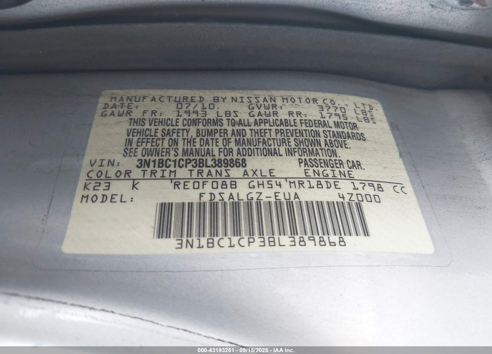 2011 NISSAN VERSA VIN: 3N1BC1CP3BL389868