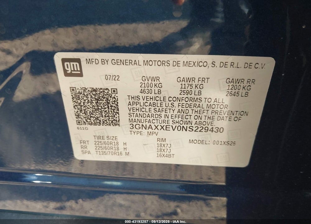 2022 CHEVROLET EQUINOX VIN: 3GNAXXEV0NS229430