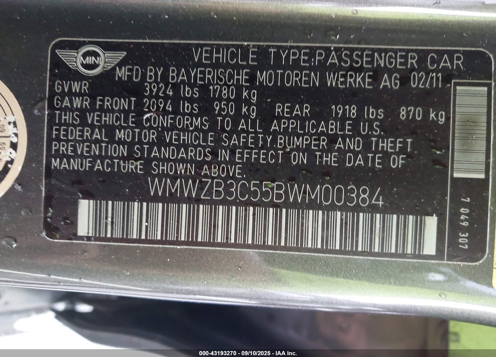 2011 MINI COOPER VIN: WMWZB3C55BWM00384
