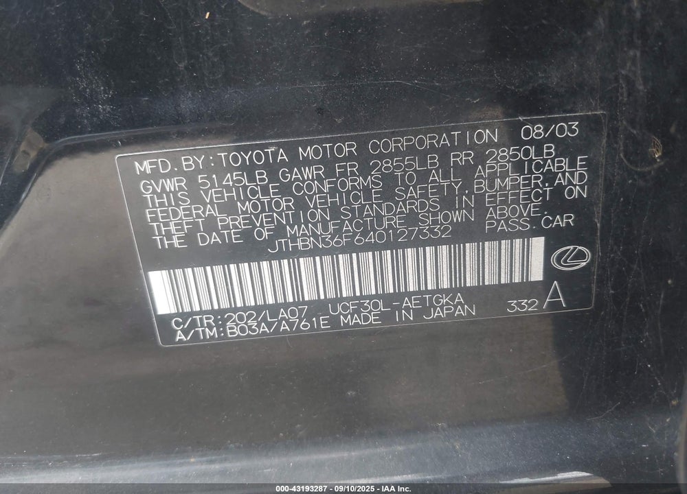 2004 LEXUS LS 430 VIN: JTHBN36F640127332
