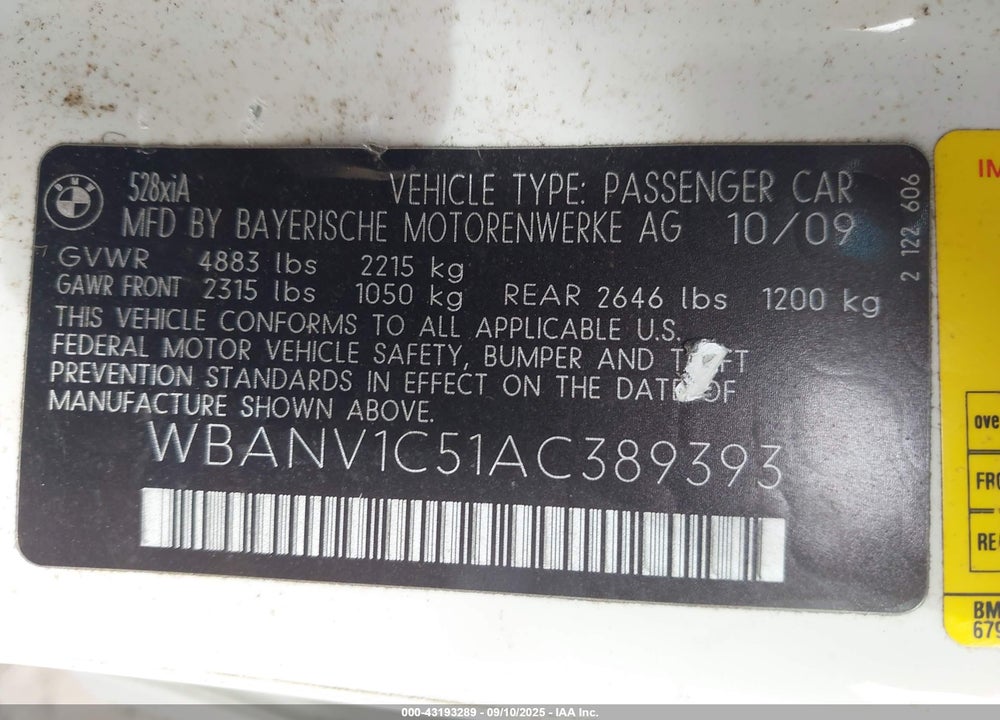 2010 BMW 528I XDRIVE VIN: WBANV1C51AC389393