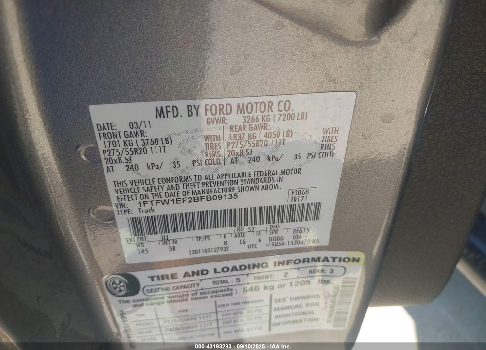 2011 FORD F-150 FX4 VIN: 1FTFW1EF2BFB09135